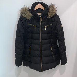Michael Kors Faux-Fur-Trim Hooded Black Down Puffer Coat
